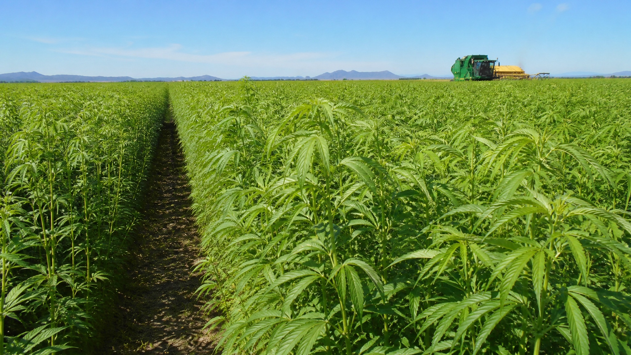 Large-scale kenaf field cultivation with tall green fibrous industrial crop stalks